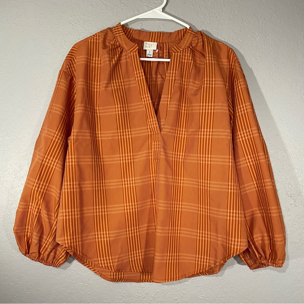 A New Day Orange Fall Puff Sleeve V Neck Blouse Size Small